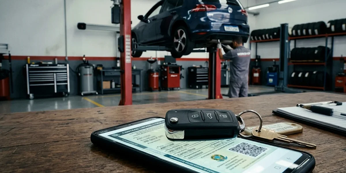regularizacao-documento-carro-bloqueado-detran Chave de carro sobre smartphone exibindo documento digital CRLV em cima de uma mesa de escritório com fundo automotivo.