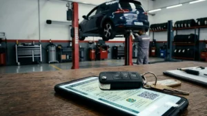 Chave de carro sobre smartphone exibindo documento digital CRLV em cima de uma mesa de escritório com fundo automotivo.