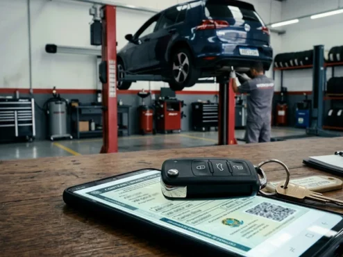 Chave de carro sobre smartphone exibindo documento digital CRLV em cima de uma mesa de escritório com fundo automotivo.