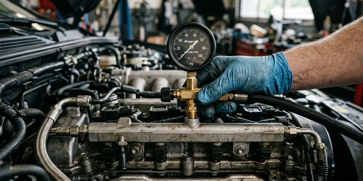 Manômetro profissional instalado na linha de alimentação de combustível de um motor automotivo para diagnosticar perda de pressão.