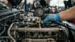 Manômetro profissional instalado na linha de alimentação de combustível de um motor automotivo para diagnosticar perda de pressão.