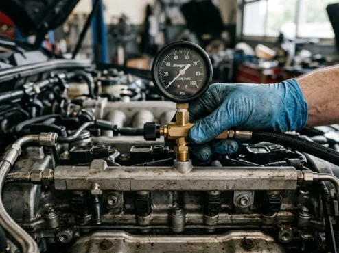 Manômetro profissional instalado na linha de alimentação de combustível de um motor automotivo para diagnosticar perda de pressão.