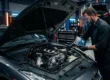 Mecânico realizando diagnóstico computadorizado no cofre do motor de um carro em oficina especializada.