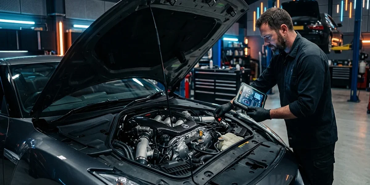 Mecânico realizando diagnóstico computadorizado no cofre do motor de um carro em oficina especializada.
