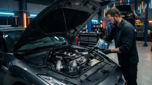 Mecânico realizando diagnóstico computadorizado no cofre do motor de um carro em oficina especializada.