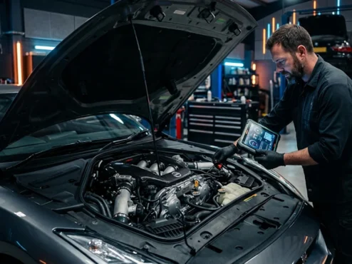 Mecânico realizando diagnóstico computadorizado no cofre do motor de um carro em oficina especializada.