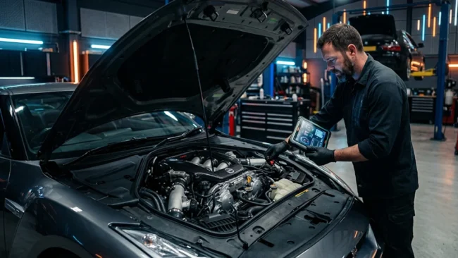 Mecânico realizando diagnóstico computadorizado no cofre do motor de um carro em oficina especializada.