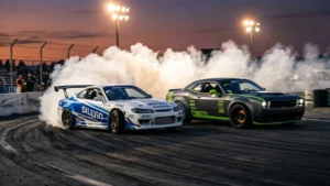 Dois carros de drift profissionais fazendo tandem em alta velocidade com pneus soltando fumaça densa na pista.
