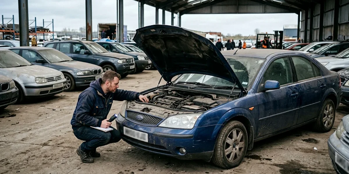Entusiasta inspecionando o cofre de motor de um carro usado em pátio de leilão com iluminação natural.