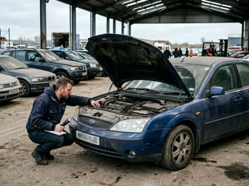 Entusiasta inspecionando o cofre de motor de um carro usado em pátio de leilão com iluminação natural.