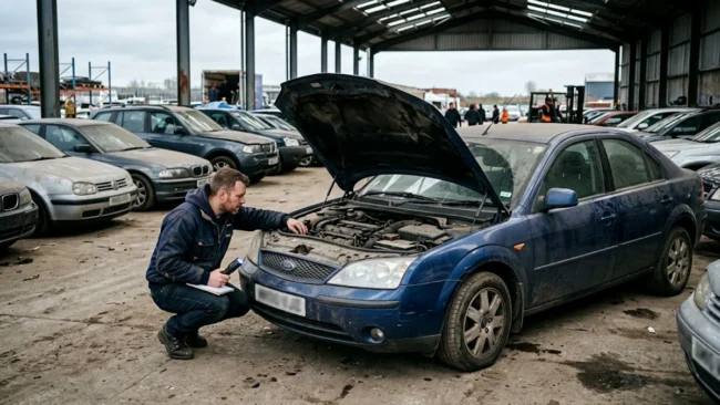 Entusiasta inspecionando o cofre de motor de um carro usado em pátio de leilão com iluminação natural.