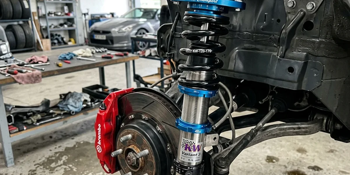 kit-suspensao-coilover-monotubo-comparativo Conjunto de suspensão coilover ajustável com corpo rosqueado e molas esportivas instalado na caixa de roda de um carro de alta performance.