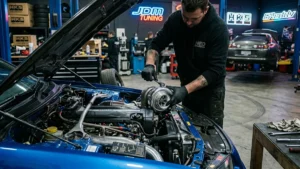 Mecânico especializado realizando manutenção no cofre do motor de um carro JDM clássico em oficina de performance.