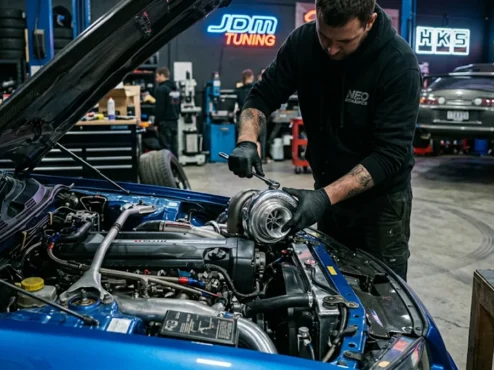 mecanico-trabalhando-motor-nissan-skyline-jdm-oficina Mecânico especializado realizando manutenção no cofre do motor de um carro JDM clássico em oficina de performance.