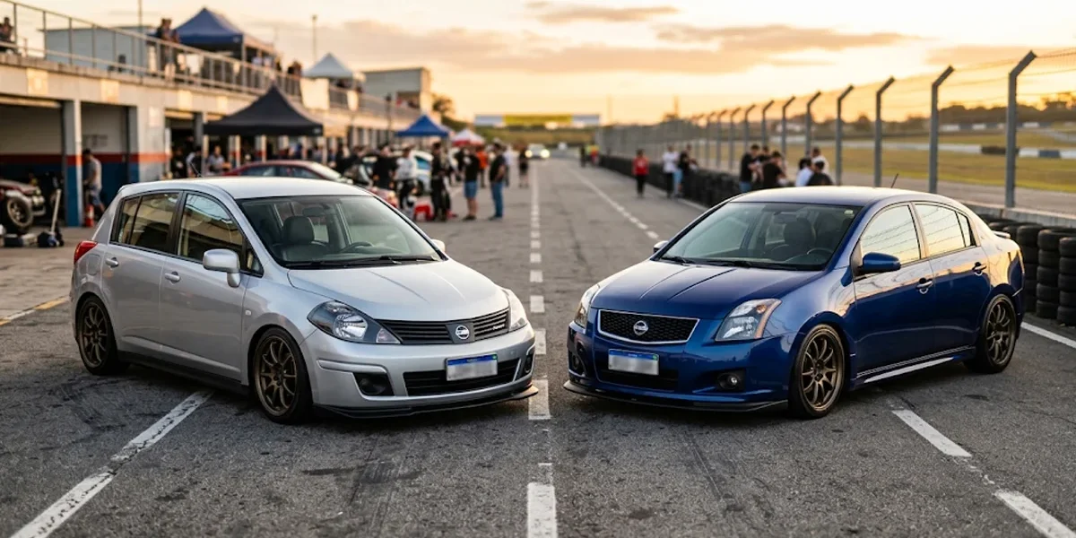 Nissan Tiida hatch e Nissan Sentra manual rebaixados com rodas esportivas estilo JDM em pista de asfalto.