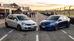 Nissan Tiida hatch e Nissan Sentra manual rebaixados com rodas esportivas estilo JDM em pista de asfalto.