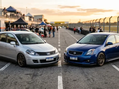 Nissan Tiida hatch e Nissan Sentra manual rebaixados com rodas esportivas estilo JDM em pista de asfalto.
