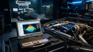 Laptop com software de calibração de ECU conectado a um motor modificado em uma oficina de preparação automotiva.