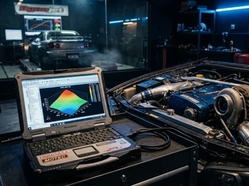 Laptop com software de calibração de ECU conectado a um motor modificado em uma oficina de preparação automotiva.