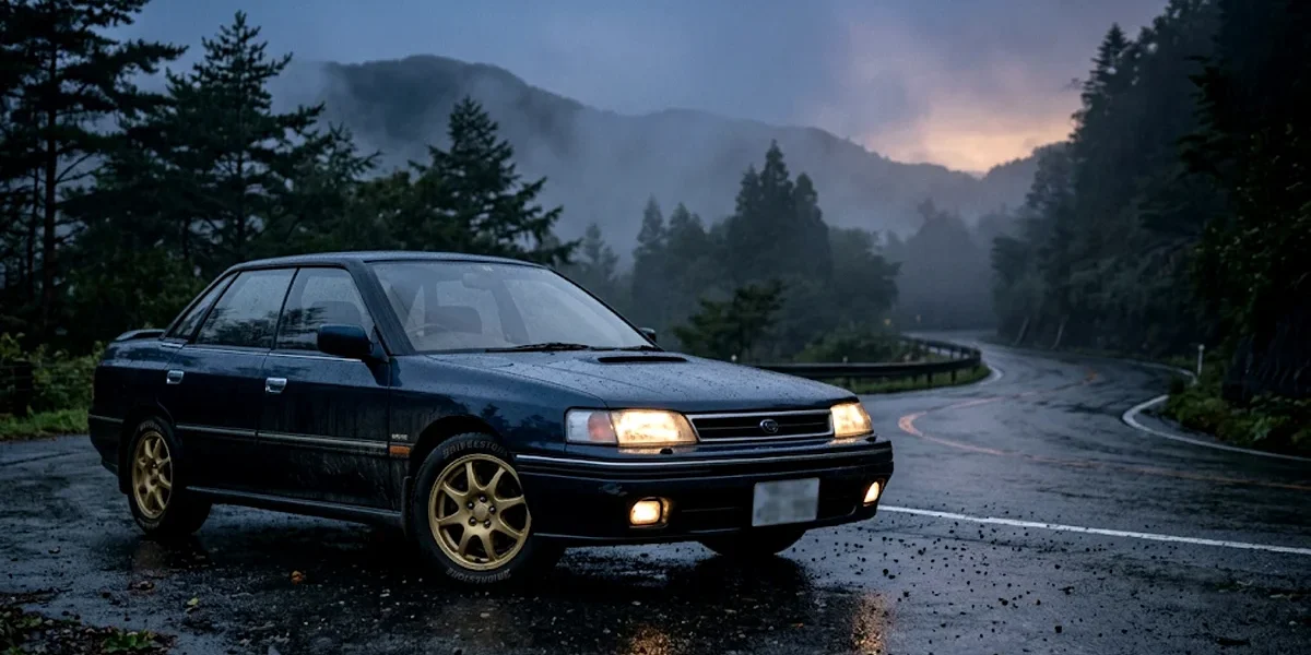 Subaru Legacy RS Turbo azul escuro estacionado em uma estrada de montanha ao anoitecer.