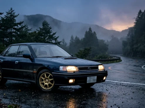 Subaru Legacy RS Turbo azul escuro estacionado em uma estrada de montanha ao anoitecer.