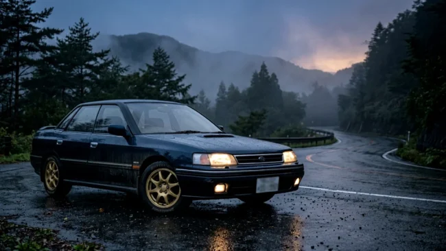 subaru-legacy-rs-turbo-bc5-sleeper Subaru Legacy RS Turbo azul escuro estacionado em uma estrada de montanha ao anoitecer.