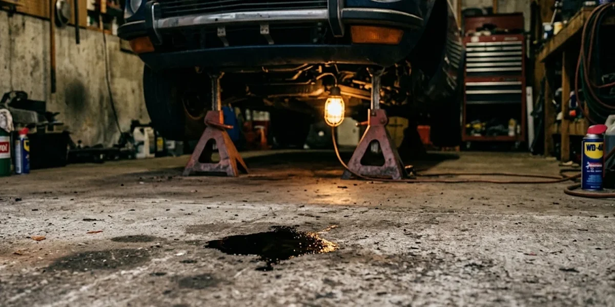 carro-pingando-oleo-garagem-diagnostico Poça de óleo escuro no chão de concreto de uma garagem com um carro esportivo desfocado ao fundo sobre cavaletes.