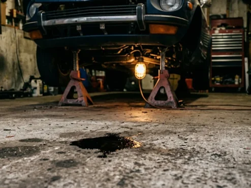 Poça de óleo escuro no chão de concreto de uma garagem com um carro esportivo desfocado ao fundo sobre cavaletes.