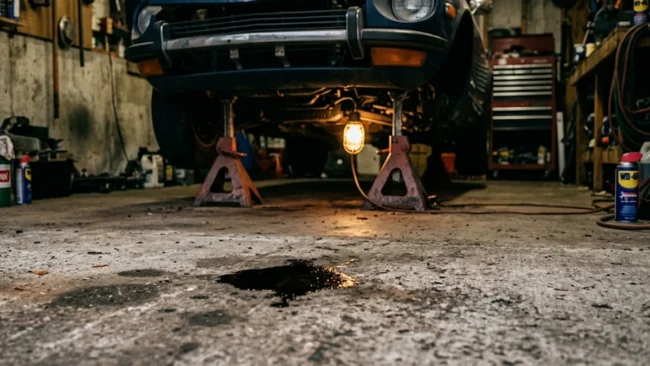 Poça de óleo escuro no chão de concreto de uma garagem com um carro esportivo desfocado ao fundo sobre cavaletes.