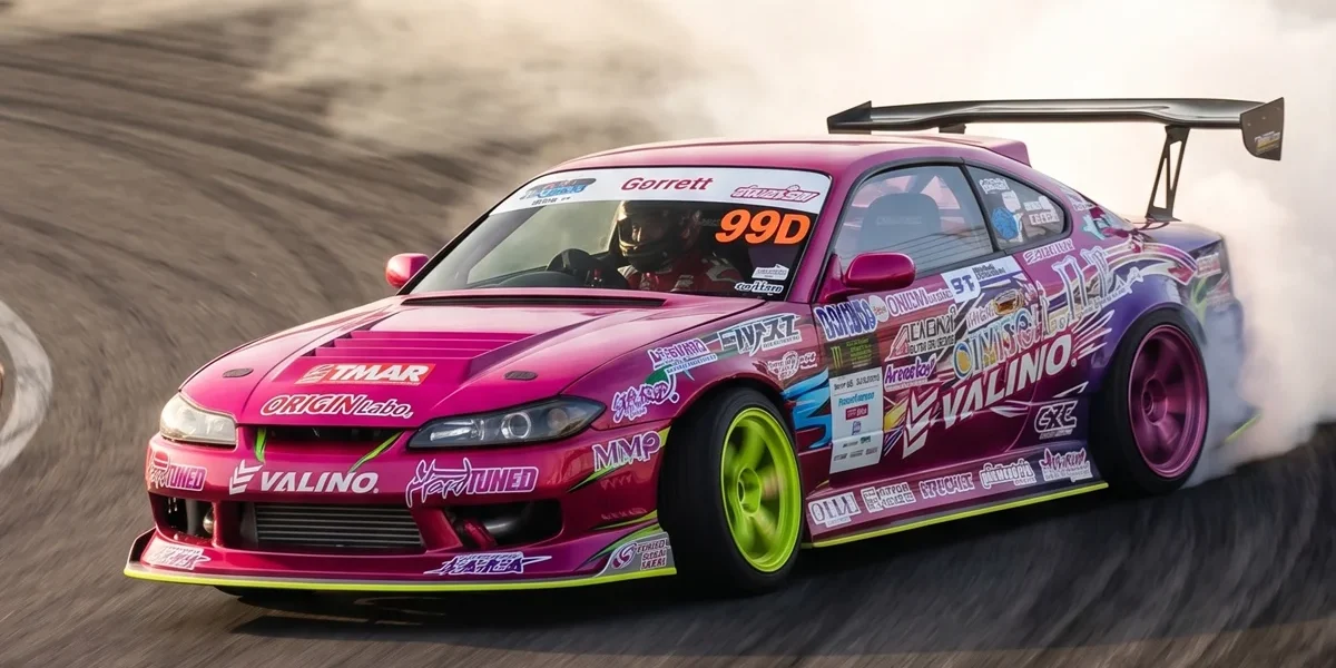 Nissan Silvia S15 rosa e roxo de Naoki Nakamura fazendo drift no D1GP com extrema fumaça e agressividade.