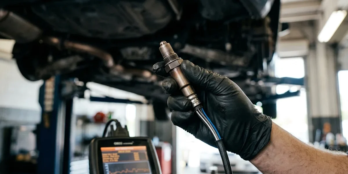 Mecânico automotivo inspecionando uma sonda lambda desgastada com um scanner de diagnóstico no fundo.