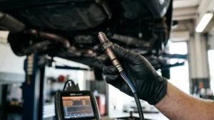 Mecânico automotivo inspecionando uma sonda lambda desgastada com um scanner de diagnóstico no fundo.