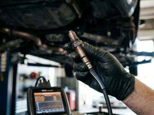 Mecânico automotivo inspecionando uma sonda lambda desgastada com um scanner de diagnóstico no fundo.
