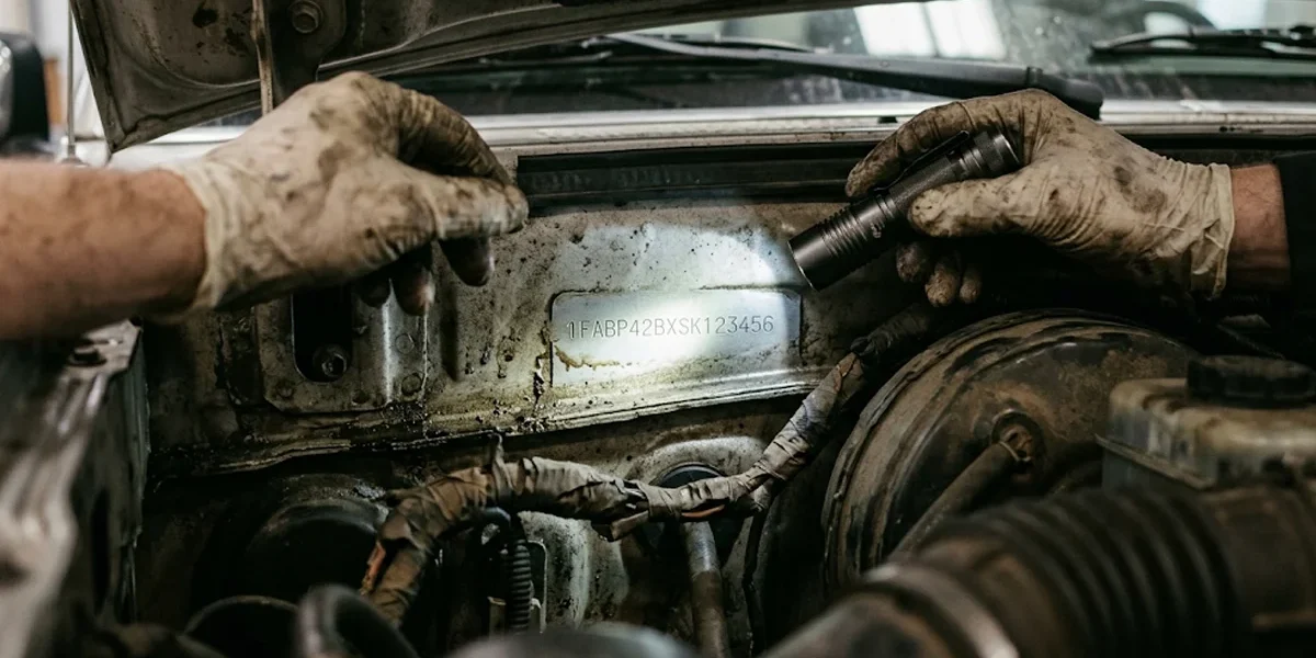 vistoria-chassi-remarcado-cofre-motor Mecânico iluminando com lanterna a numeração do chassi no cofre do motor durante vistoria cautelar automotiva.