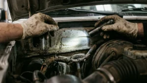 Mecânico iluminando com lanterna a numeração do chassi no cofre do motor durante vistoria cautelar automotiva.