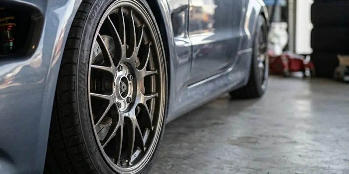 carro-esportivo-fitment-espacador-roda Roda esportiva montada rente ao para-lama de um carro, destacando o fitment agressivo proporcionado pelo uso de espaçadores.