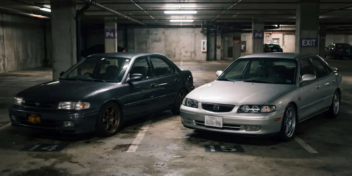 Fotografia de um Mazda Protegé e um Mazda 626 dos anos 90 estacionados em uma garagem subterrânea com modificações sutis estilo JDM.