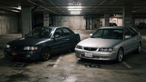 Fotografia de um Mazda Protegé e um Mazda 626 dos anos 90 estacionados em uma garagem subterrânea com modificações sutis estilo JDM.