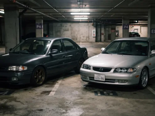 mazda-protege-626-jdm-sedas-anos-90-brasil Fotografia de um Mazda Protegé e um Mazda 626 dos anos 90 estacionados em uma garagem subterrânea com modificações sutis estilo JDM.