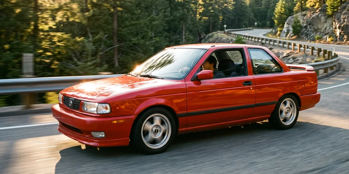 nissan-sentra-se-r-b13-sr20de-red Nissan Sentra SE-R B13 vermelho em movimento em uma estrada sinuosa ao entardecer.