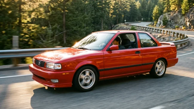 Nissan Sentra SE-R B13 vermelho em movimento em uma estrada sinuosa ao entardecer.