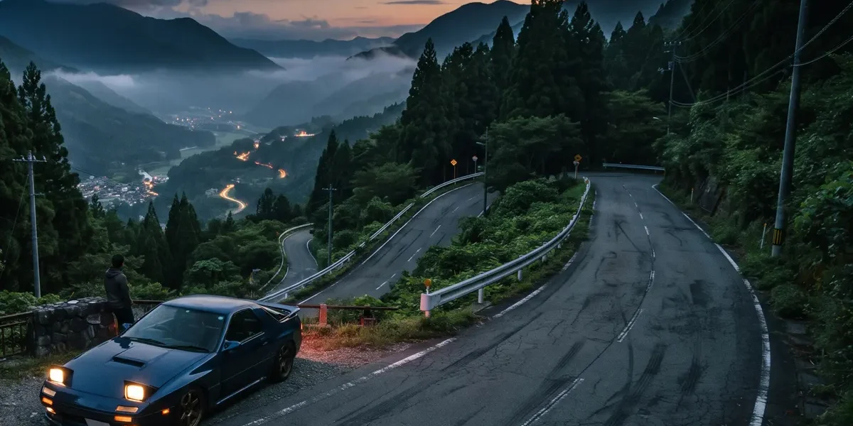 Fotografia de uma estrada sinuosa de montanha no Japão ao entardecer, representando as clássicas pistas de touge.