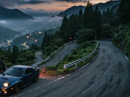 pista-touge-monte-haruna-initial-d Fotografia de uma estrada sinuosa de montanha no Japão ao entardecer, representando as clássicas pistas de touge.