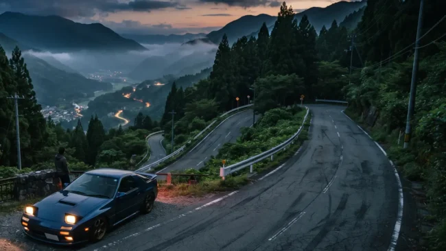 Fotografia de uma estrada sinuosa de montanha no Japão ao entardecer, representando as clássicas pistas de touge.