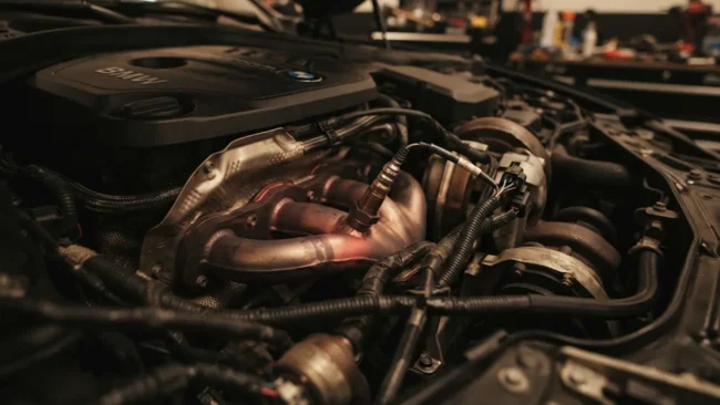 Detalhe em close da sonda lambda instalada no escapamento de um motor, peça chave para a leitura de combustível em carros flex
