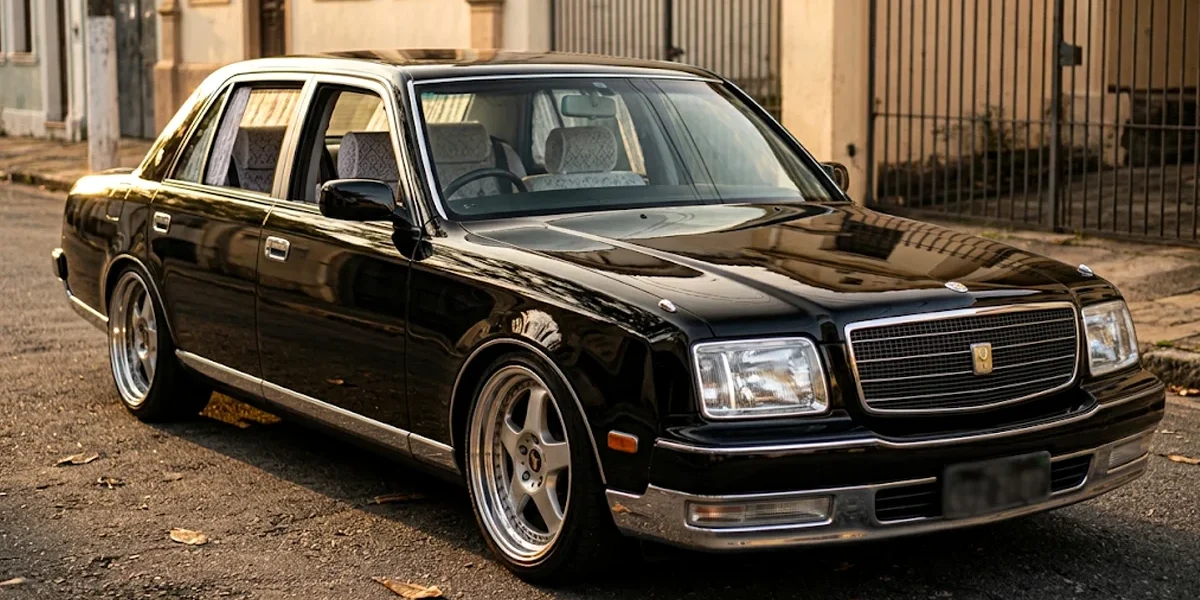 Toyota Century GZG50 preto com motor V12 estacionado em um cenário urbano detalhando seu design executivo JDM.
