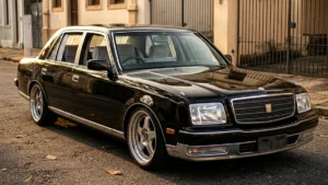 Toyota Century GZG50 preto com motor V12 estacionado em um cenário urbano detalhando seu design executivo JDM.