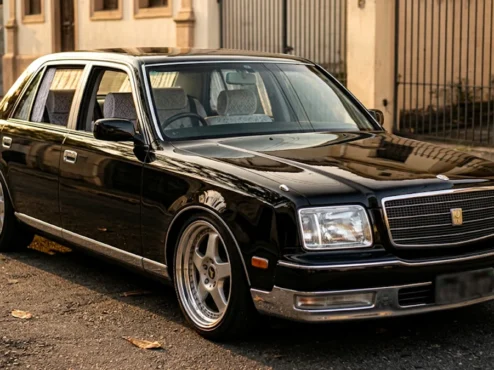 toyota-century-v12-gzg50-preto-jdm Toyota Century GZG50 preto com motor V12 estacionado em um cenário urbano detalhando seu design executivo JDM.