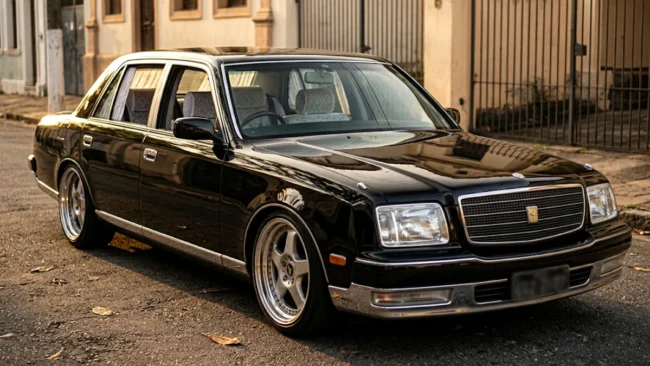 Toyota Century GZG50 preto com motor V12 estacionado em um cenário urbano detalhando seu design executivo JDM.